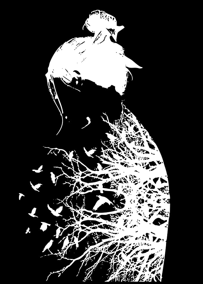 Woman with Birds and Tree Silhouette
