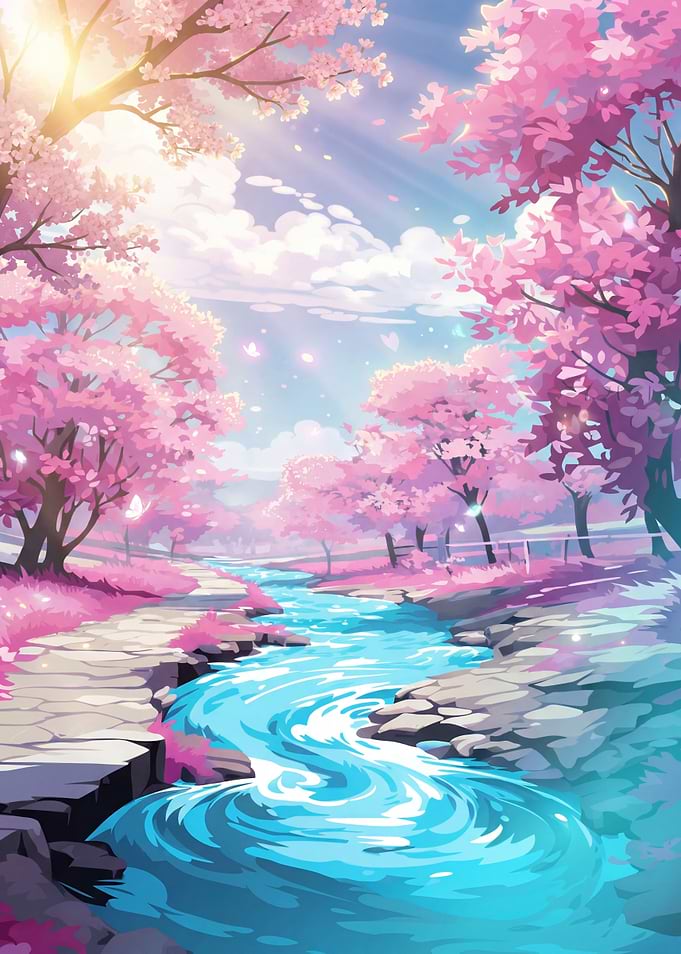 Serene Cherry Blossom River Landscape