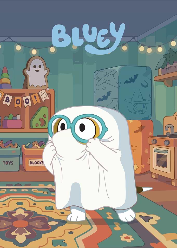 Bluey in a Ghost Costume with Glasses