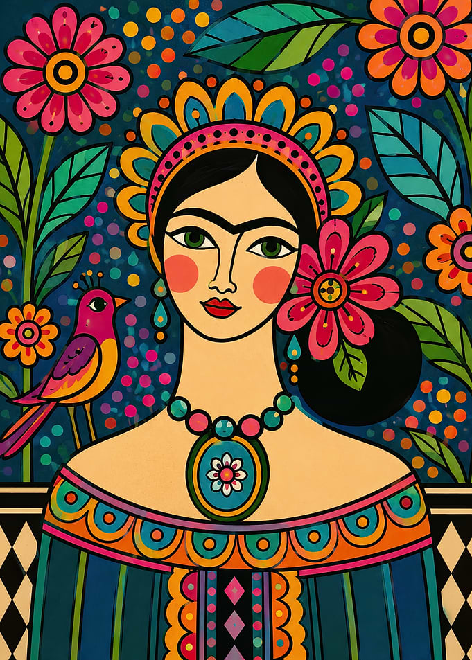 Frida Kahlo-inspired portrait with bird and flowers