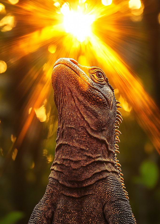 Iguana basking in golden sunlight