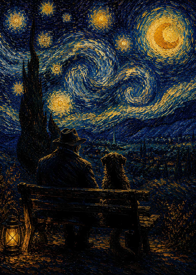 Man and Dog Watch Starry Night