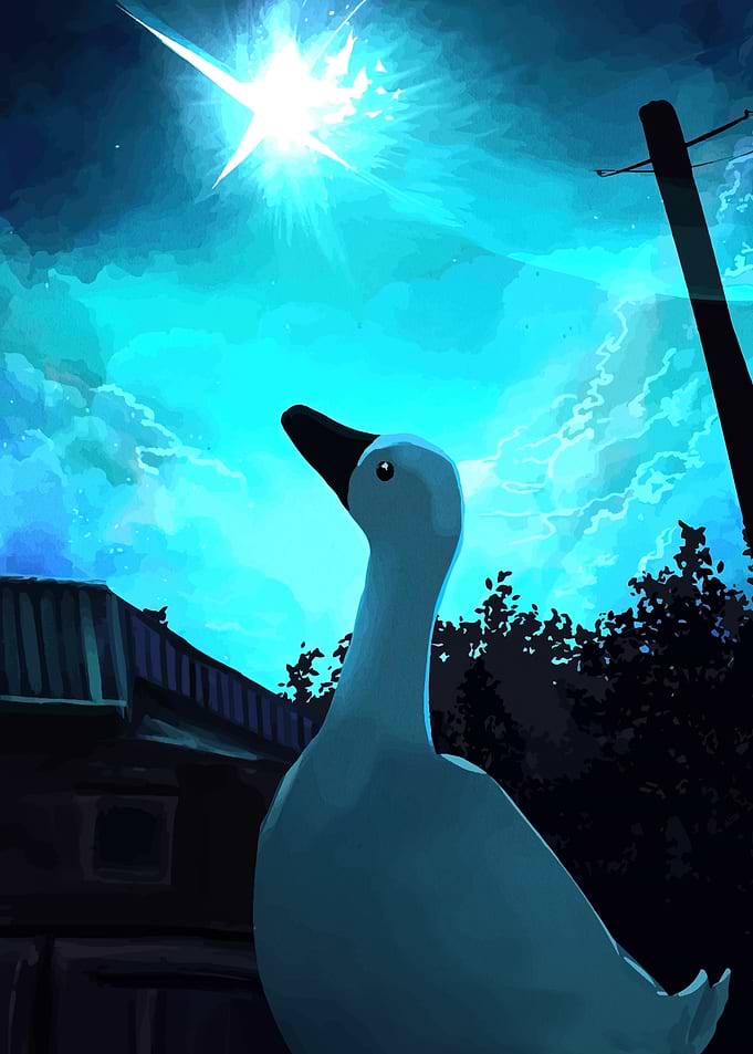 Goose looks up at bright light