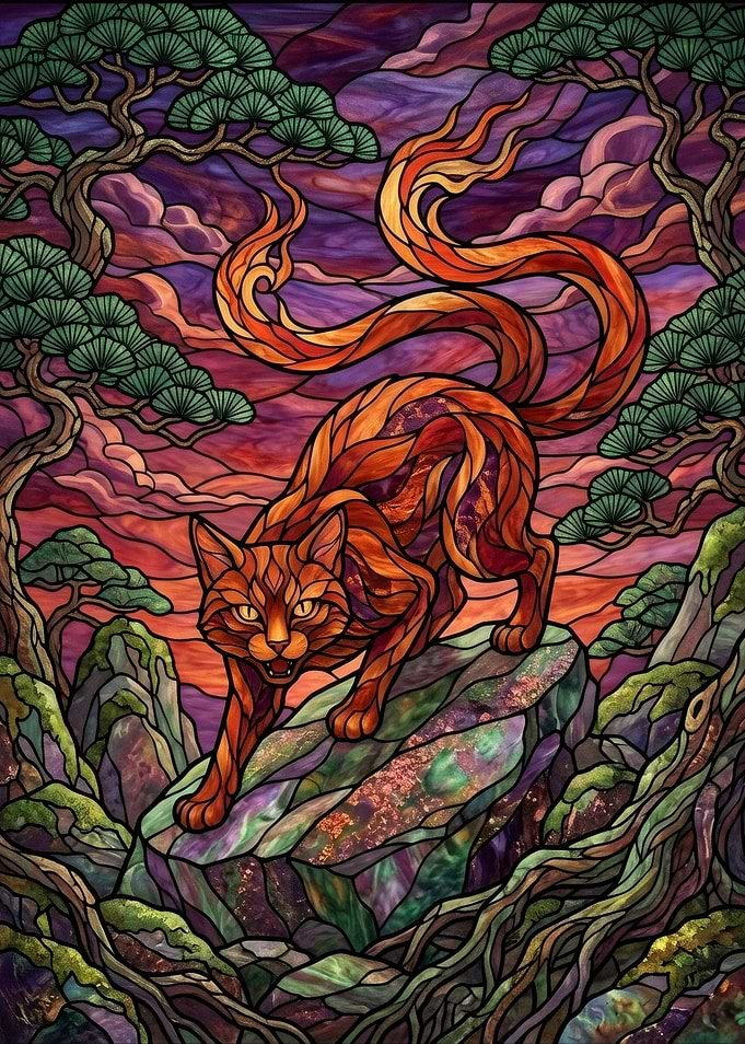 Stained Glass Fire Cat in Forest