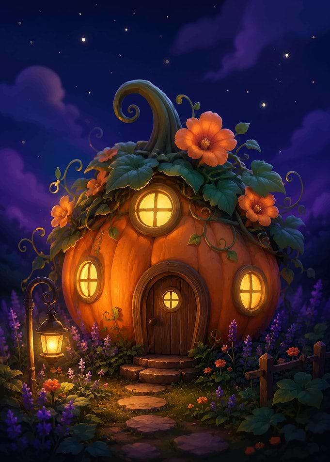 Enchanted Pumpkin House at Night