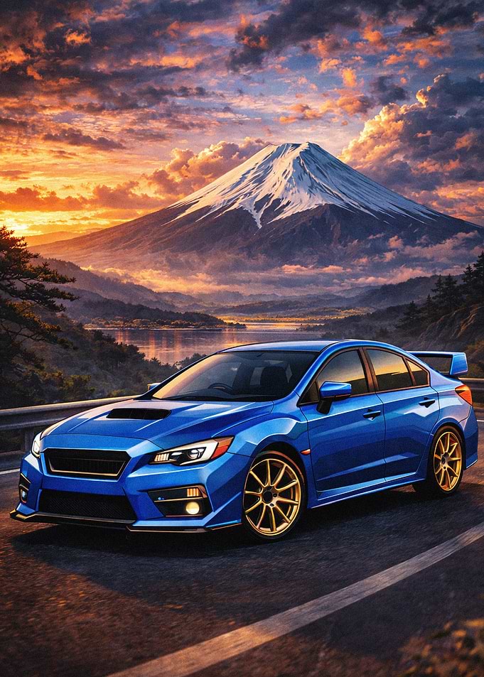 Blue WRX with Mount Fuji backdrop