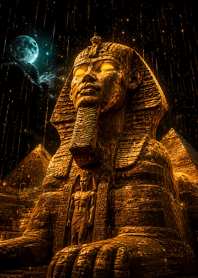 Golden Sphinx and Pyramids Under a Moonlit Sky