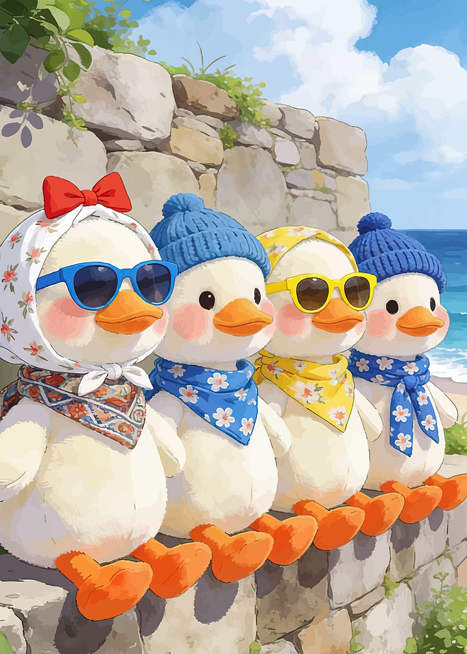 Four cute ducks on a wall by the sea