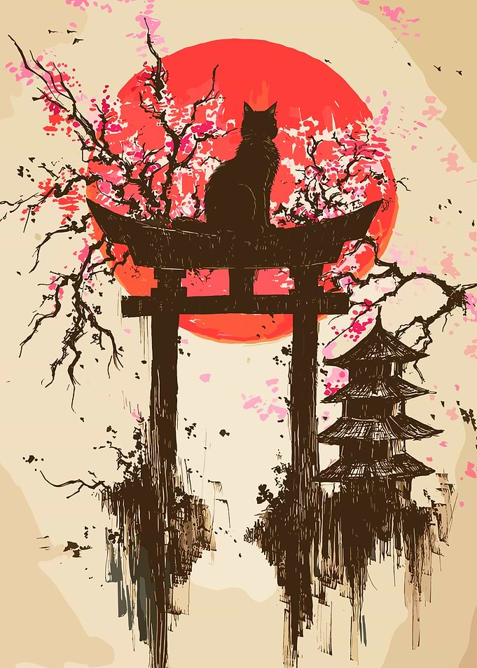 Black Cat at Japanese Torii Gate