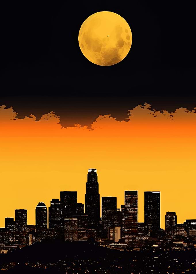 Cityscape at Dusk with Full Moon