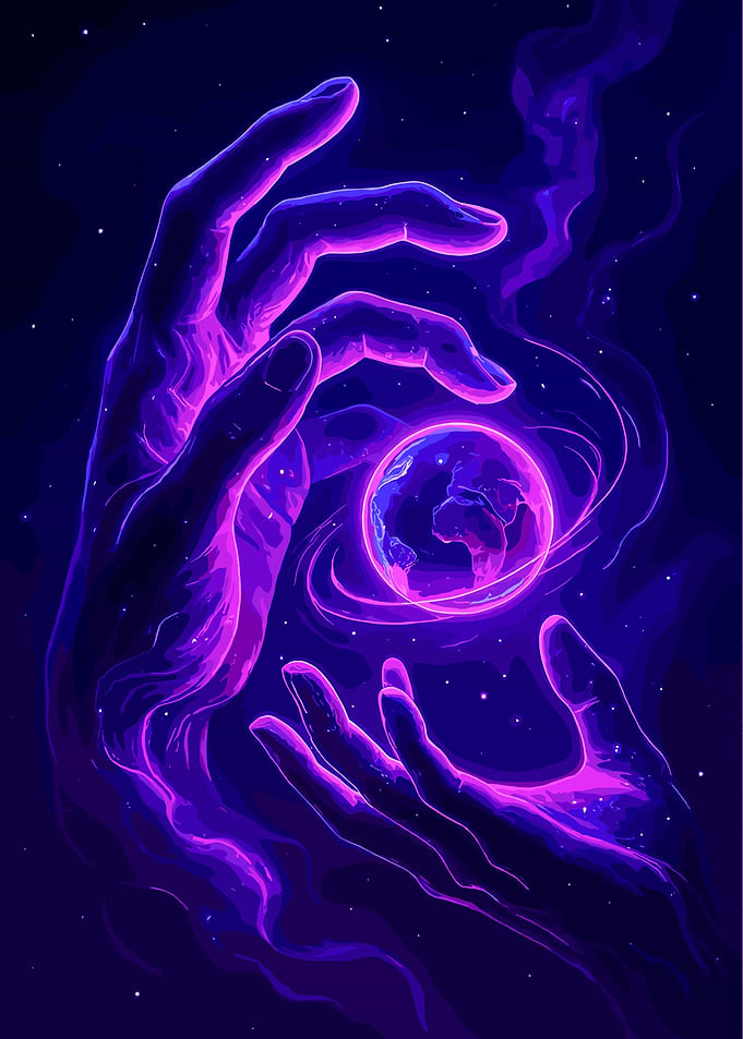Cosmic Hands Holding Planet