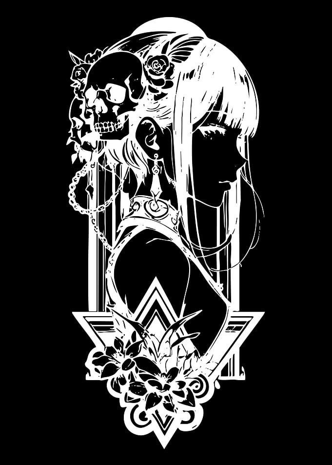 Gothic Anime Girl with Skull and Flowers
