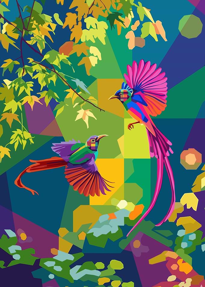Colorful Birds in Geometric Nature