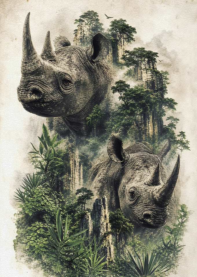Rhinos in a Misty Forest Landscape