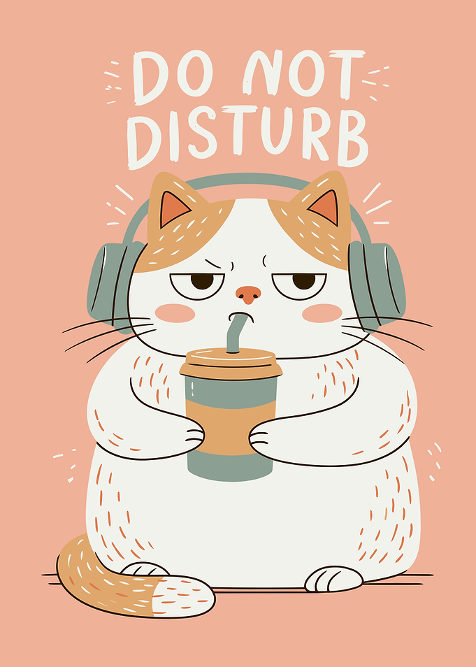 Grumpy Cat with Coffee and Headphones