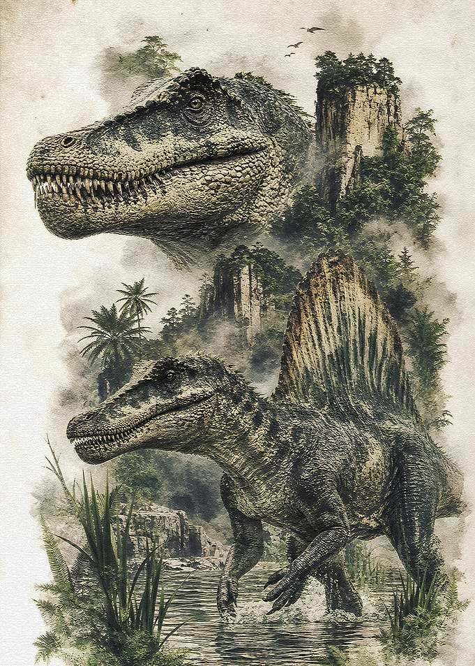 Dinosaurs in a Misty Jungle