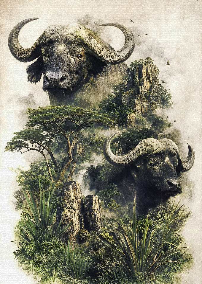 African Buffaloes in Misty Mountains