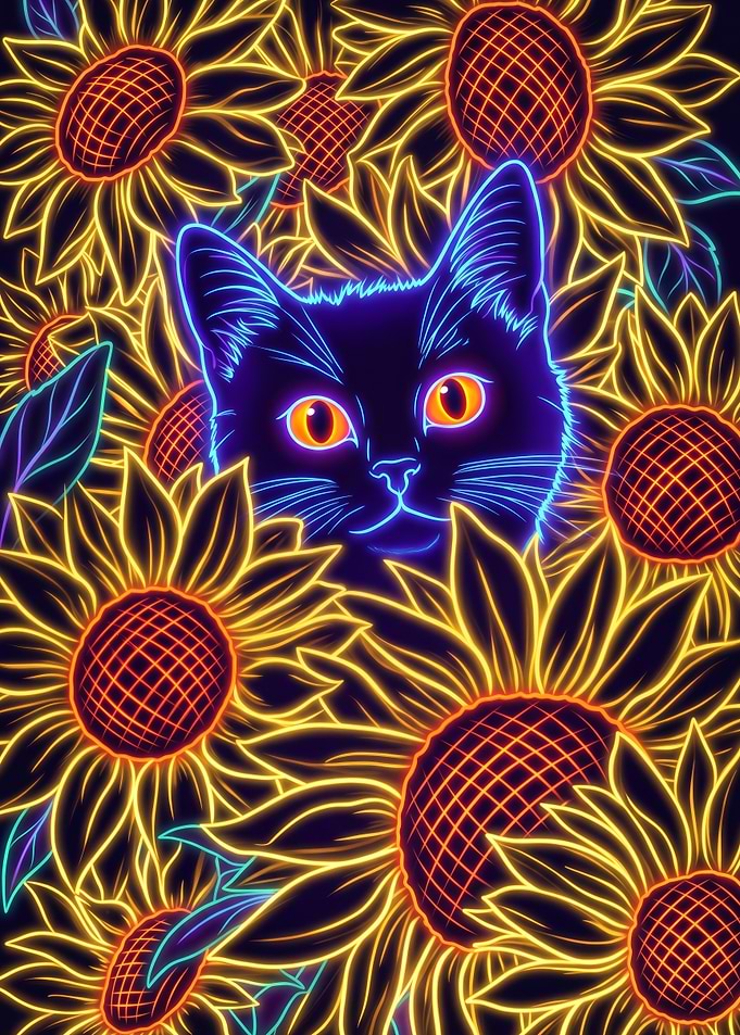 Neon Cat Among Sunflowers