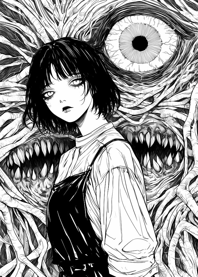 Gothic Anime Girl with Monster Background