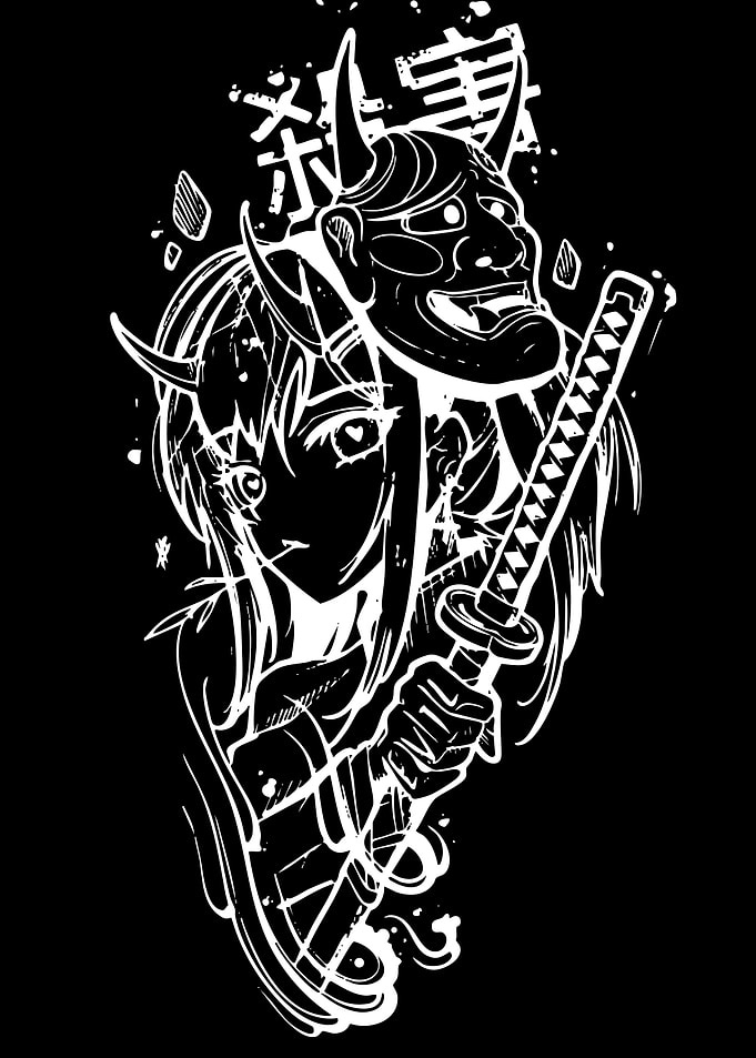 Anime Girl with Oni Mask and Katana