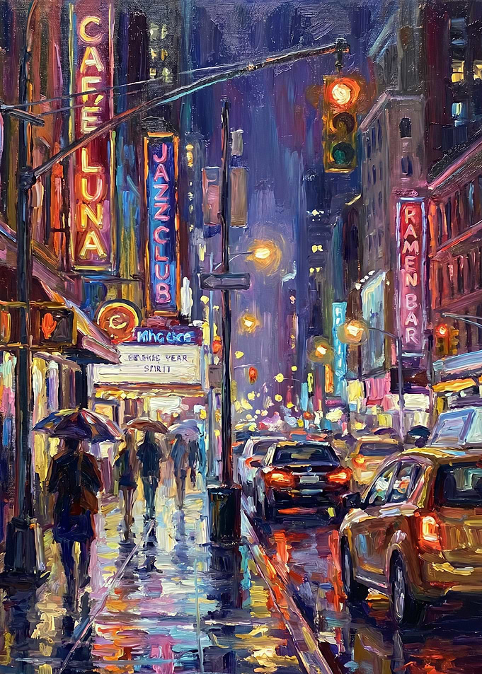 Rainy Night Cityscape with Neon Signs