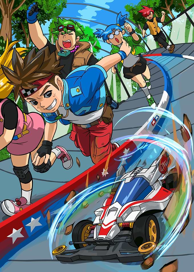 Anime characters racing a mini 4WD car