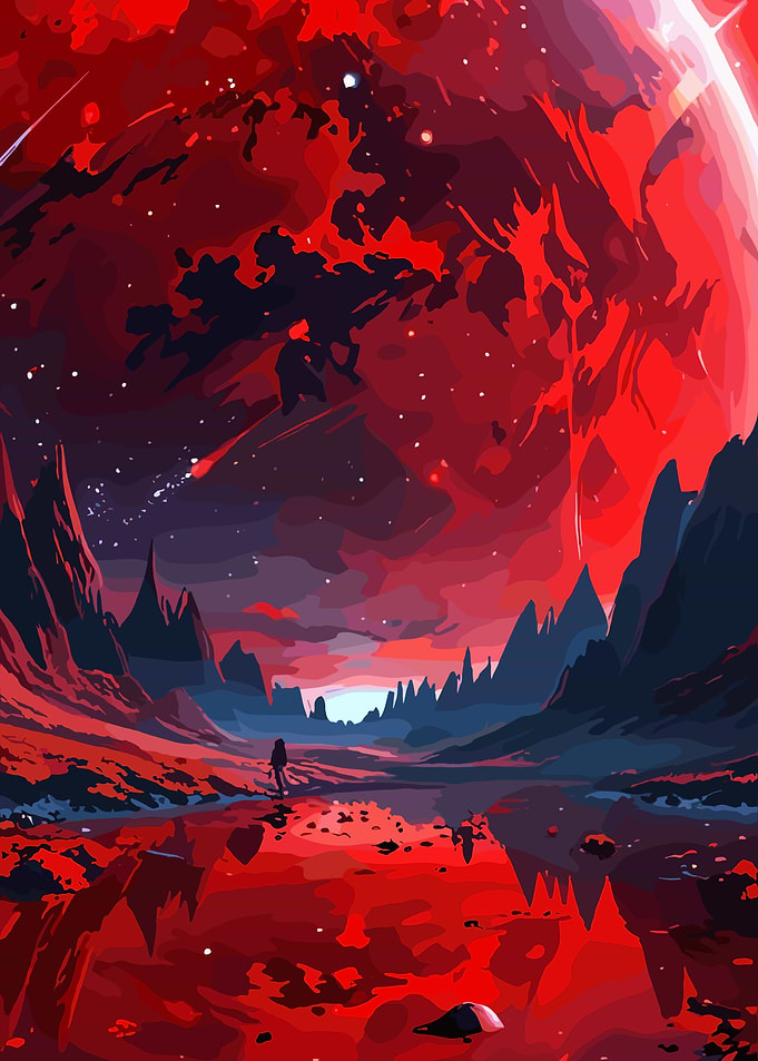 Alien Planet Landscape with Red Sky