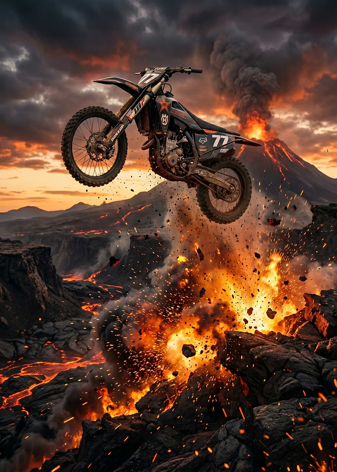 Motocross Rider Jumps Over Lava Explosion