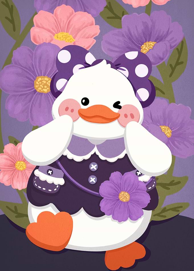 Cute Duck Character with Flowers