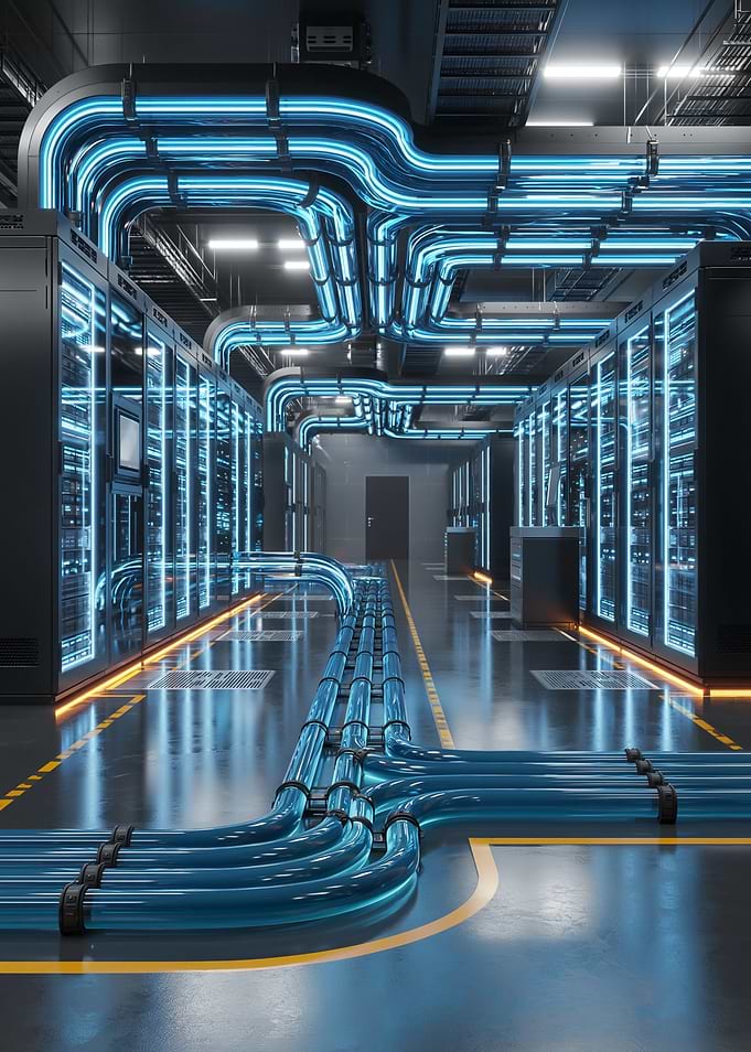 Futuristic Server Room with Blue Neon Cables