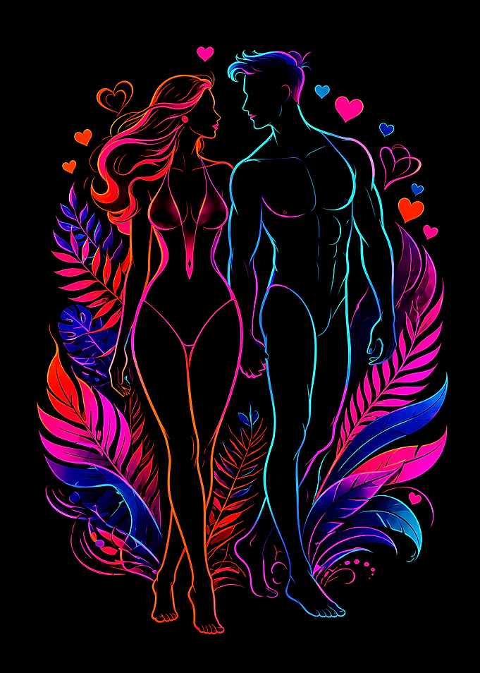 A Neon Love Story Surrounded by Tropical Foliage.