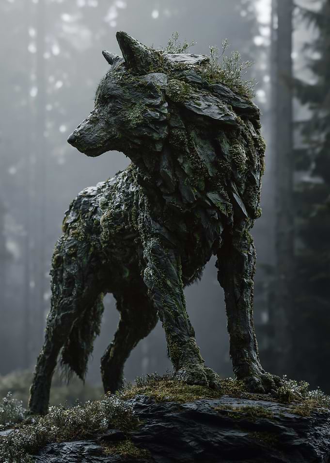 Stone Wolf Statue in Forest