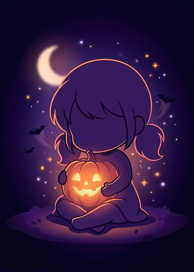 Cute Chibi Anime Girl Holding Glowing Jack O Lantern on Halloween Night