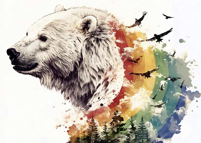 Polar Bear with Birds and Rainbow