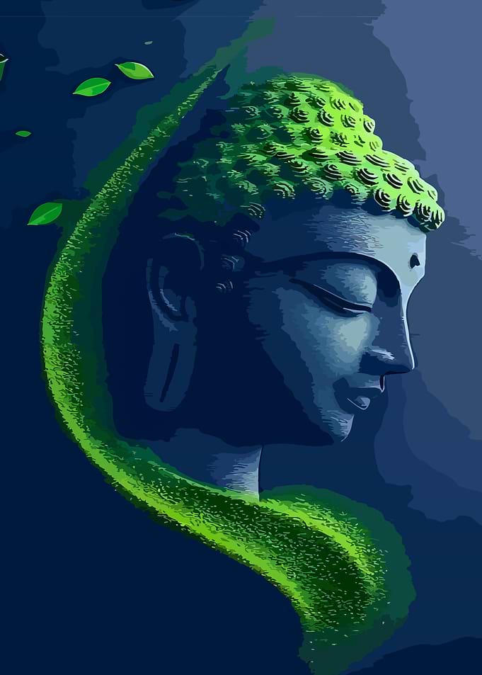 Buddha with Green Swirl and Leaves