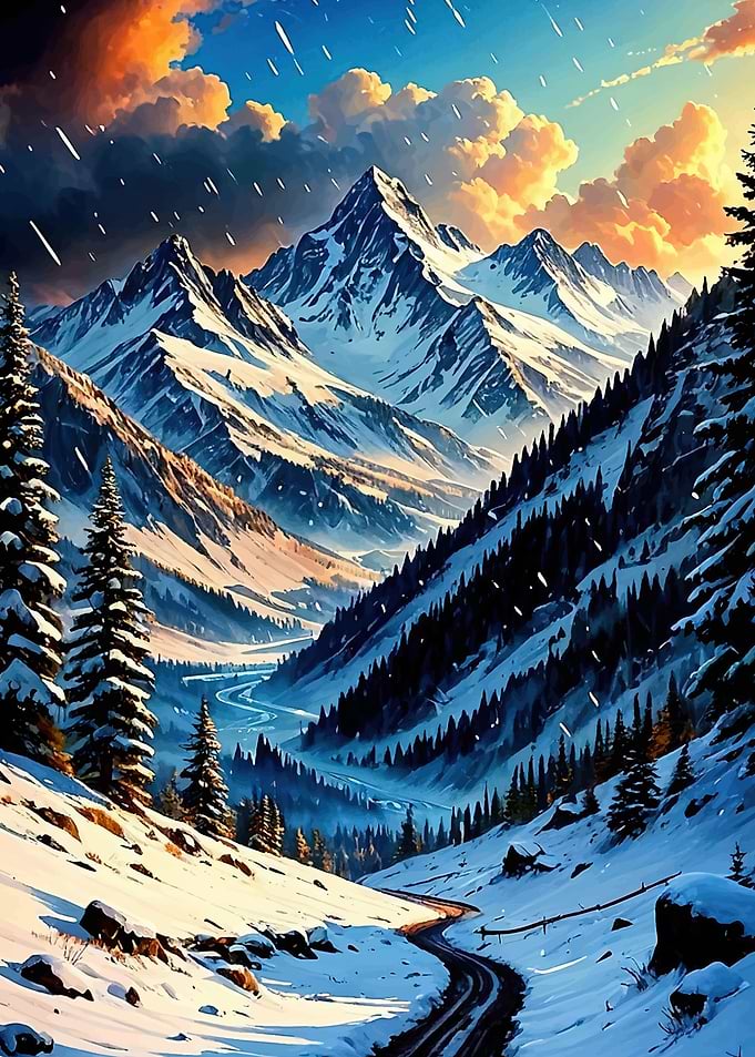 Snowy Mountain Valley at Sunset