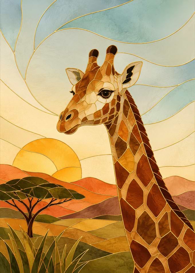 Stained Glass Giraffe in African Sunset