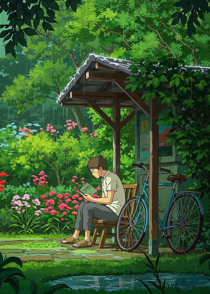 Boy Reading Under Shelter in Rain