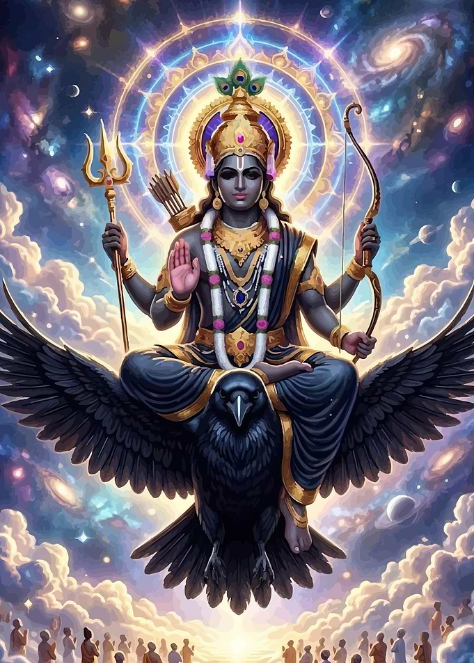 Shani riding a crow with cosmic background