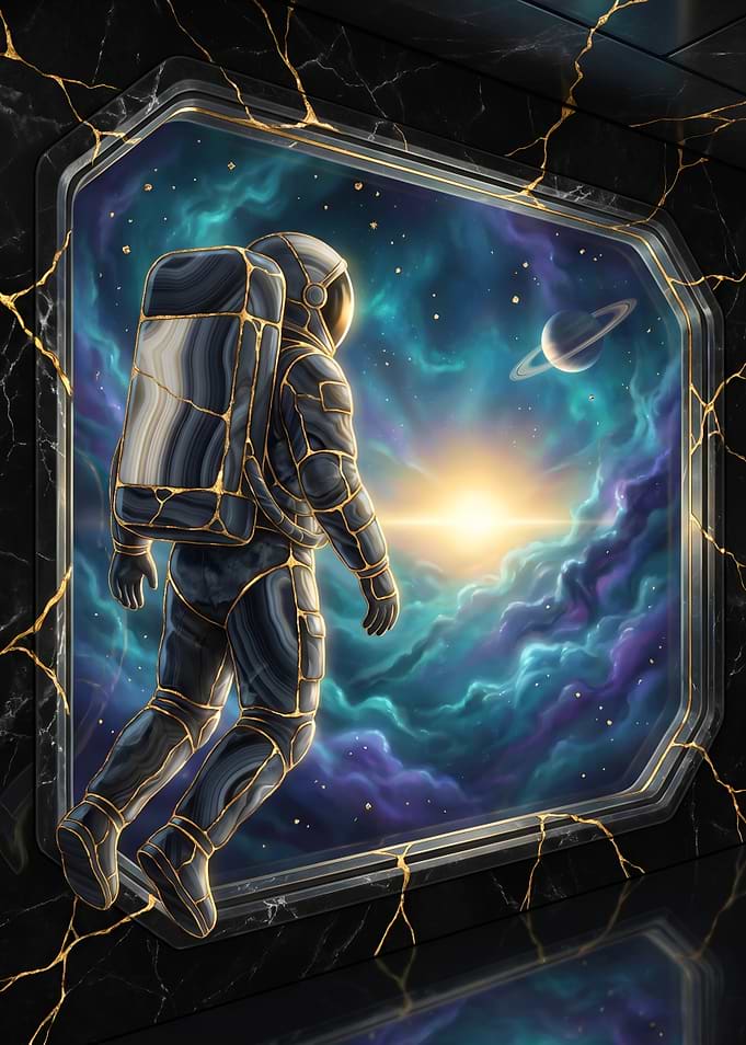 Astronaut in Space with Nebula and Saturn