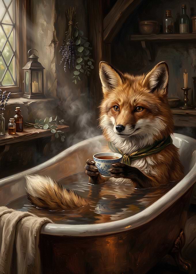 Fox in a Bathtub with Tea