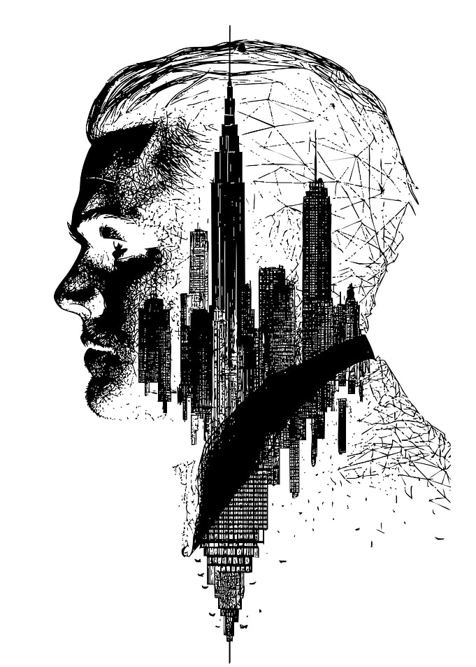 Man's Head with Cityscape Silhouette