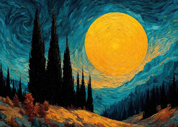 Starry Night Landscape with Cypress Trees