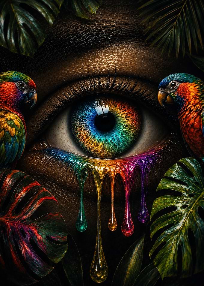 Rainbow Eye with Parrots and Leaves