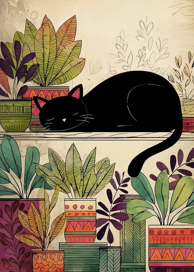 Black cat sleeping among plants