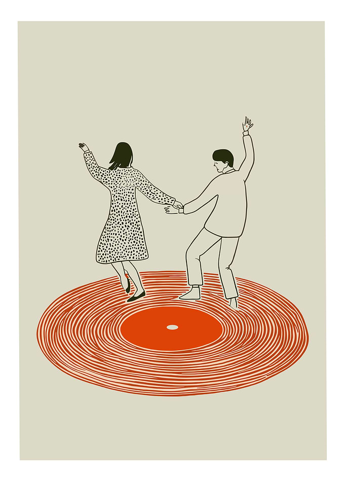 Couple dancing on a vinyl record