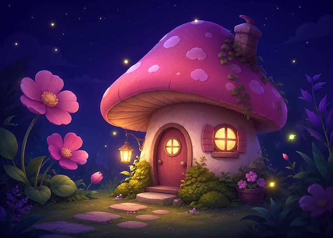 Enchanted Mushroom House at Night
