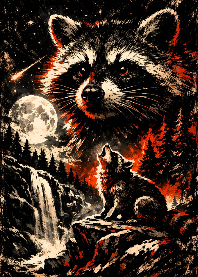 Raccoon Howling at the Moon