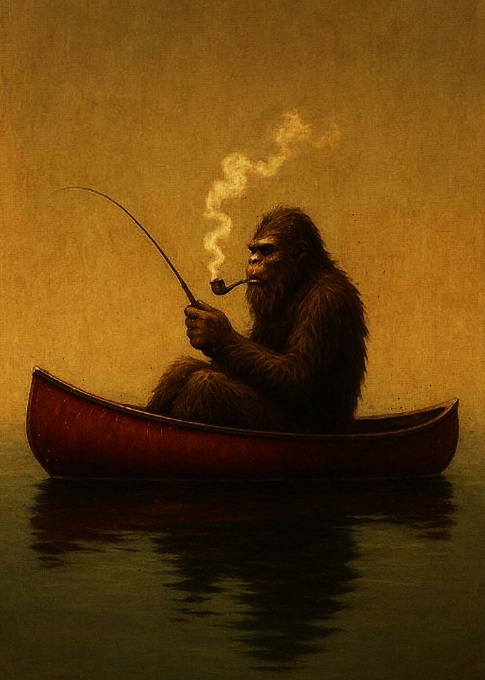 Bigfoot Fishing and Smoking in a Canoe