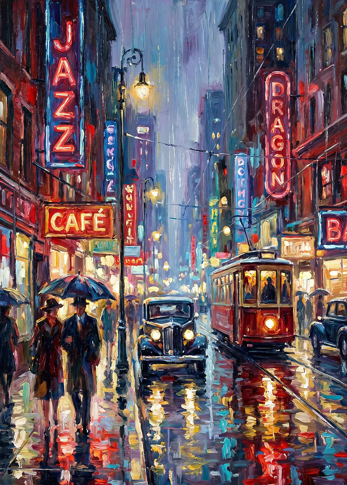 Rainy City Street with Vintage Cars and Tram